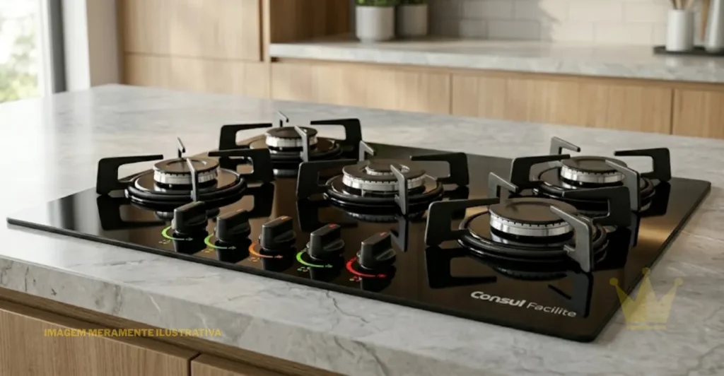 Cooktop Consul Facilite CD060AE 4 Bocas: É Bom? 1 Cooktop de mesa da marca Consul, modelo Facilite CD060AE com 4 bocas. O produto possui mesa em vidro temperado preto, quatro queimadores de tamanhos diferentes e grades individuais circulares em aço esmaltado preto. Os botões de controle frontais apresentam o sistema de marcação colorida Facilite. O cooktop está embutido em uma bancada de pedra clara, exibindo um design moderno e minimalista para cozinhas planejadas.