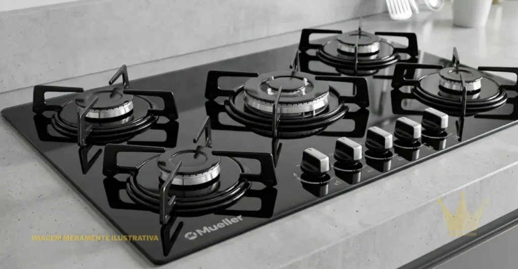 Cooktop Mueller Ultra 5 Bocas:É Bom? 1 Uma fotografia de produto em ultra-alta resolução (8K) e plano fechado, focada em um cooktop a gás Mueller Ultra de 5 bocas, de cor preta, embutido em uma bancada de quartzo branco e limpo. O cooktop possui cinco queimadores com grades individuais de aço esmaltado preto: um queimador tripla chama central grande e quatro queimadores rápidos e semirrápidos. Cinco botões de controle de polímero preto com detalhes cromados estão alinhados na borda frontal inferior da superfície de vidro temperado preto. O logotipo da "Mueller" está impresso discretamente em prata abaixo dos botões. A bancada e um backsplash de azulejos brancos sutis estão em desfoque suave no fundo.