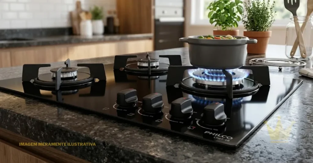 Cooktop Philco Chef 4B: É Bom? 1 Uma fotografia em close, de alta resolução, no nível dos olhos, captura o Cooktop Philco Chef 4B preto embutido em uma bancada de granito escura. O foco principal está na superfície de vidro temperado preto lustroso do cooktop. No lado direito, um queimador tripla chama está aceso com chamas azuis nítidas e vibrantes, aquecendo uma pequena panela de cerâmica escura cheia de legumes frescos picados (cenouras, pimentões, brócolis). As quatro trempes de ferro fundido preto fosco são visíveis, cada uma com seu próprio queimador. No canto inferior direito da superfície de vidro, a marca "PHILCO CHEF 4B" está impressa discretamente em prata. Quatro botões de controle de controle de textura preta são dispostos ordenadamente ao longo da borda frontal, cada um com marcadores de posição brancos legíveis e ícones correspondentes a cada queimador. O granito da bancada tem uma textura natural e granulada, refletindo sutilmente a luz. O fundo está suavemente desfocado, revelando uma cozinha moderna e bem iluminada com armários de madeira, um backsplash de azulejos brancos e uma janela com plantas em vasos (manjericão, alecrim) e utensílios de madeira e metal. A luz natural suave entra pela janela, realçando os detalhes e a qualidade do cooktop.