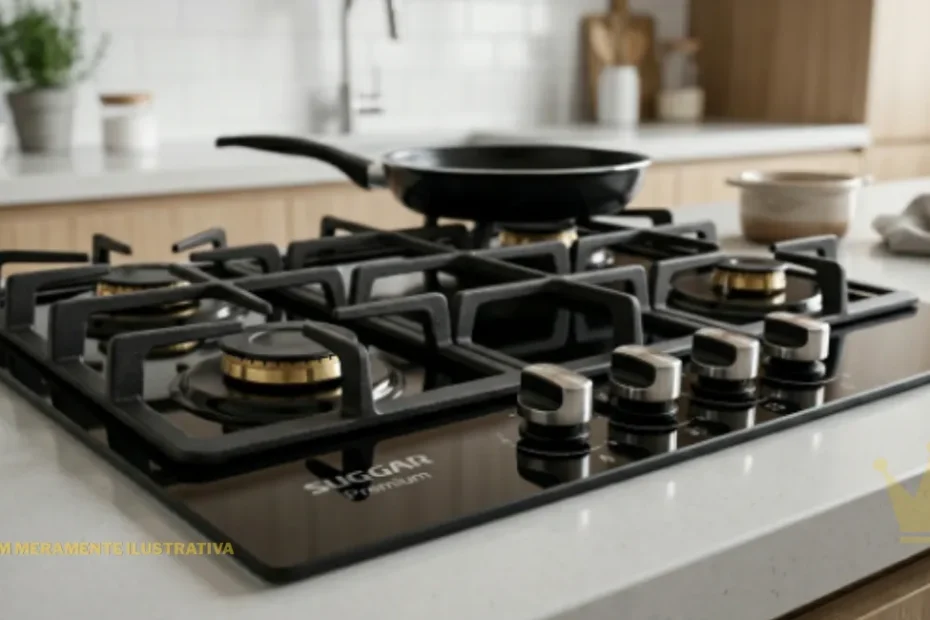 Cooktop Suggar Premium de 4 bocas em vidro temperado preto com acendimento automático e trempes individuais de ferro fundido, posicionado centralmente em um cenário de cozinha moderna e minimalista com fundo desfocado.