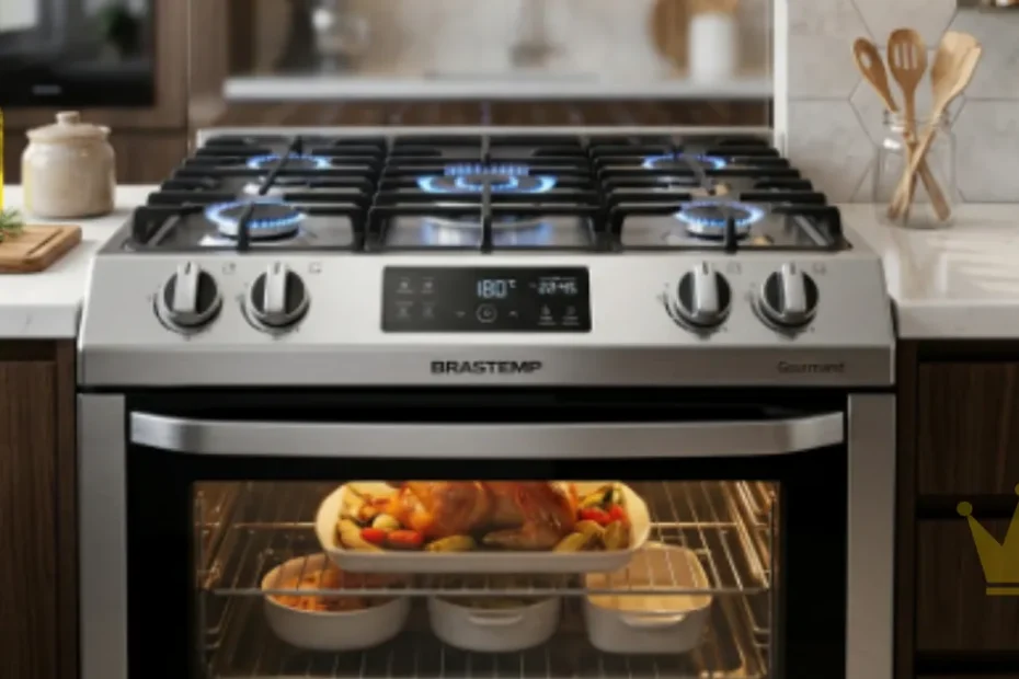 Fogão Brastemp BFS5NCR 5 bocas inox com acendimento automático e forno espaçoso em cozinha moderna.