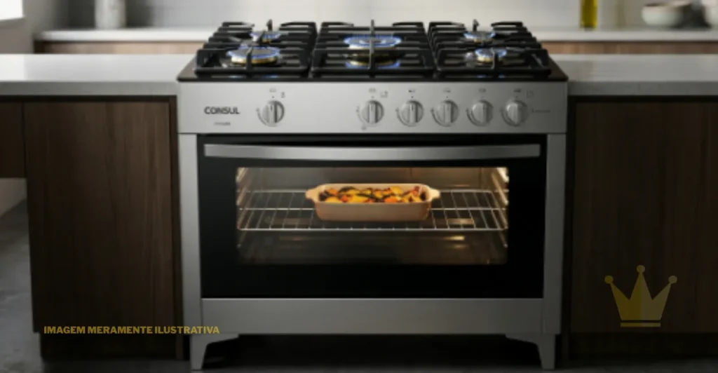 Fogão Consul CFS5VAR Inox 5 Bocas: É Bom? 1 Fogão Consul 5 bocas, modelo CFS5VAR, de piso. O produto apresenta uma mesa de vidro temperado preto com cinco queimadores e trempes (grades) de ferro fundido. O painel frontal e as laterais são em aço inox escovado. Possui cinco botões de controle pretos na frente e uma porta de forno com puxador robusto em inox e vidro panorâmico. O design combina a modernidade da mesa de vidro com a robustez do aço inox, posicionado em uma cozinha clara.