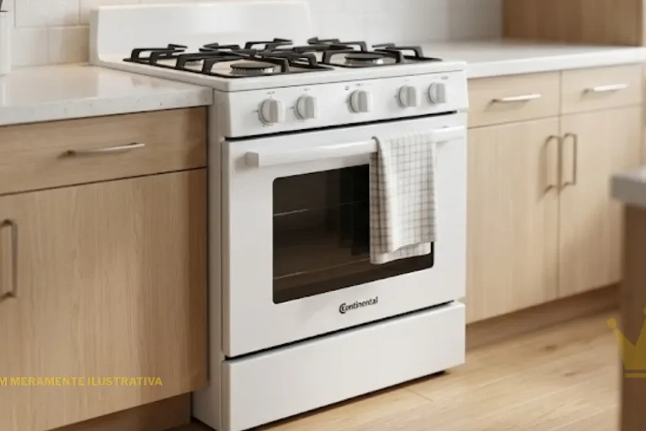 Fogão de piso Continental FC4IB de 4 bocas na cor branca, posicionado em uma cozinha clean com armários de madeira clara e bancada de quartzo branco. O aparelho destaca sua mesa branca com quatro queimadores e trempes escuras, botões de controle frontais na cor branca e porta do forno com visor de vidro retangular e o logotipo da marca na base. Um pano de prato quadriculado está pendurado no puxador horizontal branco da porta.