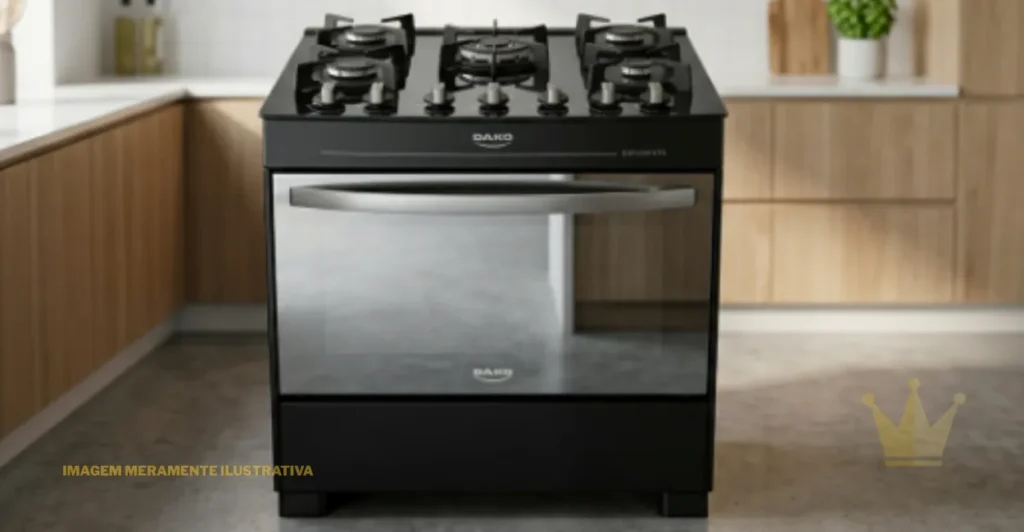 Fogão Dako Diplomata 5 Bocas: É Bom? 1 Fotografia profissional de um fogão de piso Dako Diplomata de 5 bocas na cor preta, posicionado em uma cozinha moderna e minimalista. O destaque está na mesa de vidro temperado preto com cinco queimadores acesos em chamas azuis estáveis, protegidos por trempes individuais de ferro fundido robustas. Na parte frontal superior, encontram-se os manípulos de controle pretos e ergonômicos. O forno possui uma porta de vidro total espelhado que reflete o ambiente sofisticado, complementado por um puxador horizontal largo em aço. A iluminação é suave, focando nos detalhes de acabamento premium e no design elegante do eletrodoméstico.