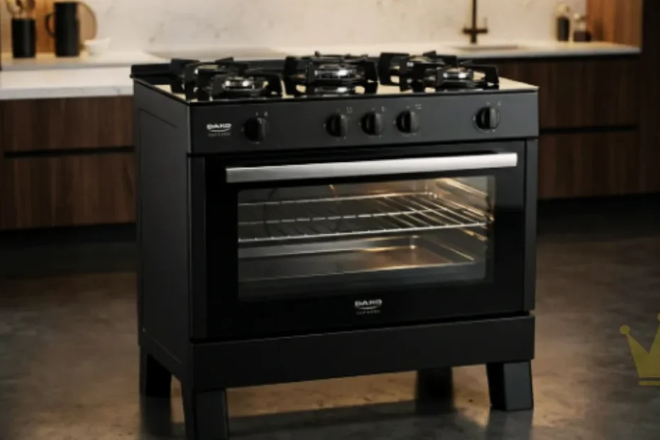 Fogão Dako Supreme Black Glass 5 bocas com acabamento total preto e mesa de vidro temperado. Detalhe para o queimador central tripla chama e os 5 botões frontais, instalado em uma cozinha moderna com iluminação natural.