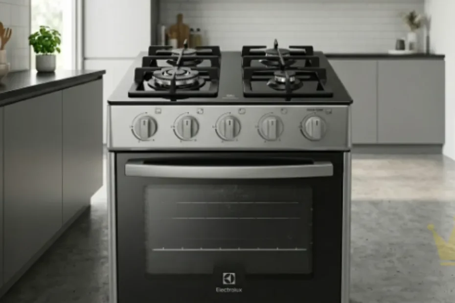 Fogão de piso Electrolux da linha Efficient com 4 bocas e mesa de vidro temperado preto. O eletrodoméstico possui acabamento branco, botões frontais removíveis e porta do forno com amplo visor de vidro, instalado em uma cozinha moderna e iluminada.