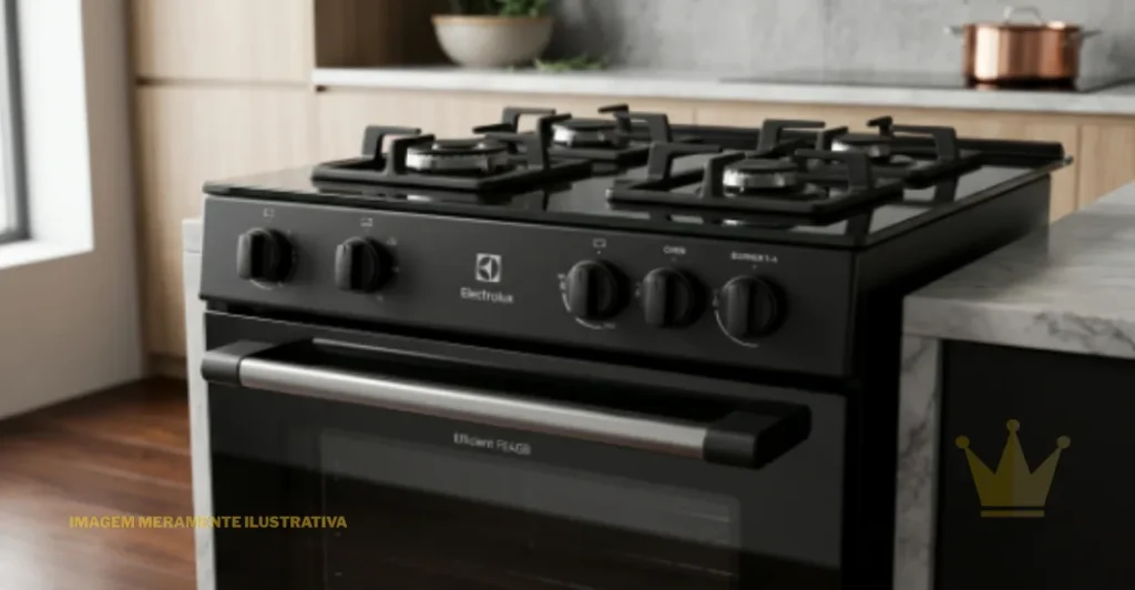Fogão Electrolux Efficient FE4GB 4 Bocas: É Bom? 1 Fogão de piso Electrolux Efficient modelo FE4GB de 4 bocas na cor preta, com mesa de vidro temperado e trempes individuais. O design moderno inclui botões frontais e porta do forno com amplo visor de vidro, posicionado em um ambiente de cozinha organizada e bem iluminada.