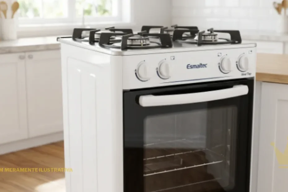 Fotografia em alta resolução de um fogão de piso Esmaltec Ideal Top de 4 bocas na cor branca, posicionado em ângulo em uma cozinha moderna e limpa. O eletrodoméstico se destaca com sua mesa de inox reluzente, trempes pretas individuais e acendedores frontais alinhados. A porta do forno possui vidro panorâmico escuro e puxador tubular em aço. O fundo do ambiente está elegantemente desfocado, mantendo o foco total nos detalhes e na qualidade do produto.