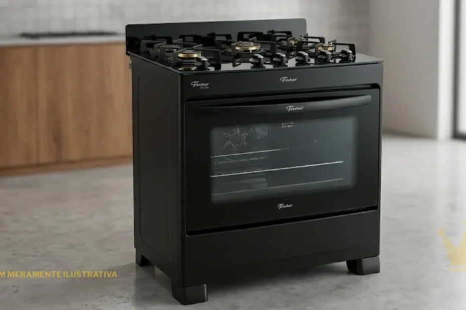Foto em altíssima resolução de um fogão de piso preto inspirado na linha Fischer Fit Line com 5 bocas. A imagem destaca a mesa de vidro temperado preta com queimadores bem definidos, incluindo uma tripla chama central, e trempes individuais de ferro fundido. No painel frontal, os botões de acendimento são ergonômicos e detalhados, enquanto o corpo do fogão apresenta um acabamento fosco elegante, posicionado em uma cozinha moderna com iluminação suave.