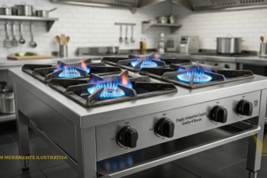 Fotografia profissional em alta resolução apresentando o Fogão Industrial Caulim Grelha 4 Bocas em aço inoxidável escovado. O equipamento possui quatro queimadores potentes com chamas azuis acesas sob grelhas de ferro fundido super resistentes. O design robusto é focado em cozinhas industriais, exibindo botões de controle frontais e uma estrutura firme, ambientado em um cenário de cozinha comercial limpa e bem iluminada.