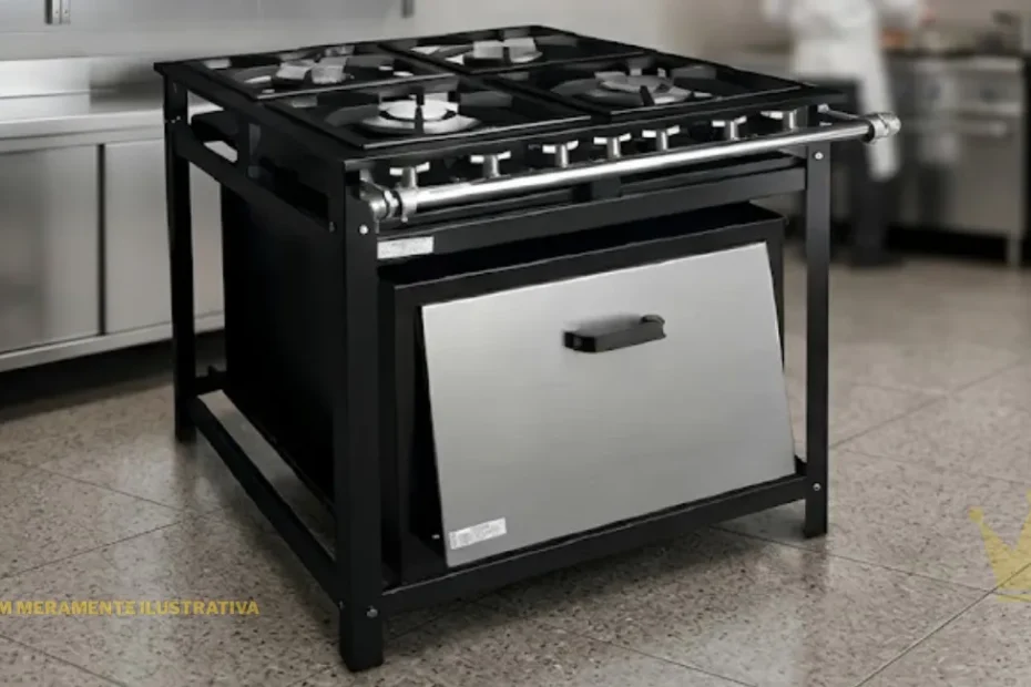 Uma fotografia profissional de um Fogão Industrial Cristal 4 Bocas com Forno integrado, idêntico ao modelo da imagem base. O fogão tem uma estrutura de aço pintada de preto com quatro grandes grelhas quadradas de ferro fundido no topo. O cano de distribuição de gás horizontal cromado, com as suas quatro válvulas de controlo, estende-se pela parte frontal. A porta do forno apresenta o distinto painel de aço inoxidável escovado com um puxador preto horizontal, tal como na imagem de referência. O fogão está posicionado em primeiro plano com foco nítido, sobre um chão de mosaico de cozinha industrial. O fundo, suavemente desfocado, revela uma cozinha comercial limpa e moderna com bancadas de aço inoxidável, prateleiras abertas de metal com panelas de cobre e outros utensílios, e uma figura de um chef trabalhando ao fundo, criando um ambiente autêntico e sofisticado. A iluminação é brilhante e uniforme, realçando as texturas dos metais. Resolução 8k com realismo fotográfico, focado no produto.