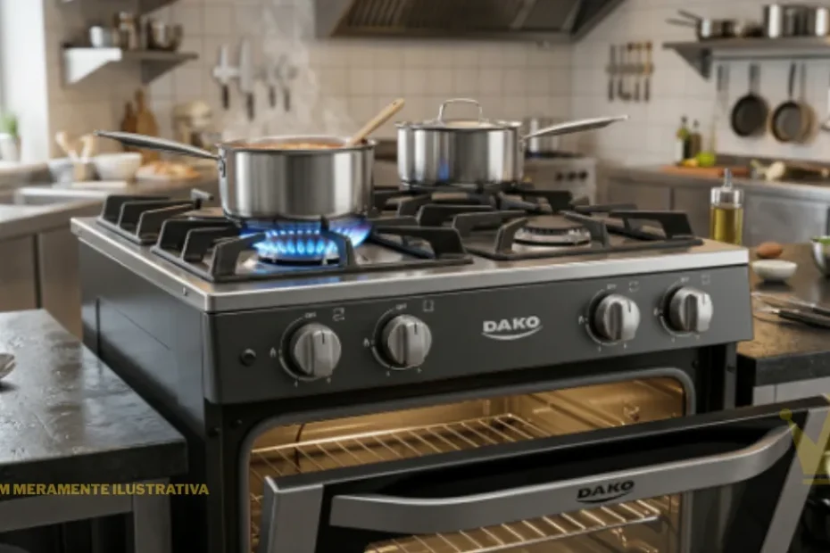 Fotografia publicitária em alta resolução do Fogão Industrial Dako 4 Bocas Com Forno, destacando sua estrutura robusta em aço e acabamento resistente. O eletrodoméstico apresenta quatro bocas com grelhas de ferro fundido pesadas e botões seletores frontais, além de um forno integrado na base com a porta preta espelhada. O equipamento está posicionado em uma cozinha industrial limpa, iluminada por luzes de estúdio que ressaltam sua durabilidade.