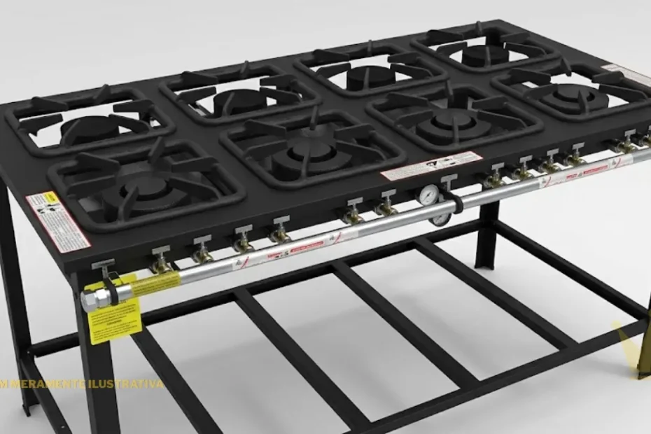 Fogão Industrial Gastromaq 8 Bocas com estrutura em aço carbono pintado de preto fosco, possuindo oito grelhas quadradas de ferro fundido dispostas em duas fileiras, tubo coletor de gás frontal com exatamente oito registros em formato de botões redondos e base com cavalete reforçado, isolado em um fundo branco infinito com iluminação de estúdio.