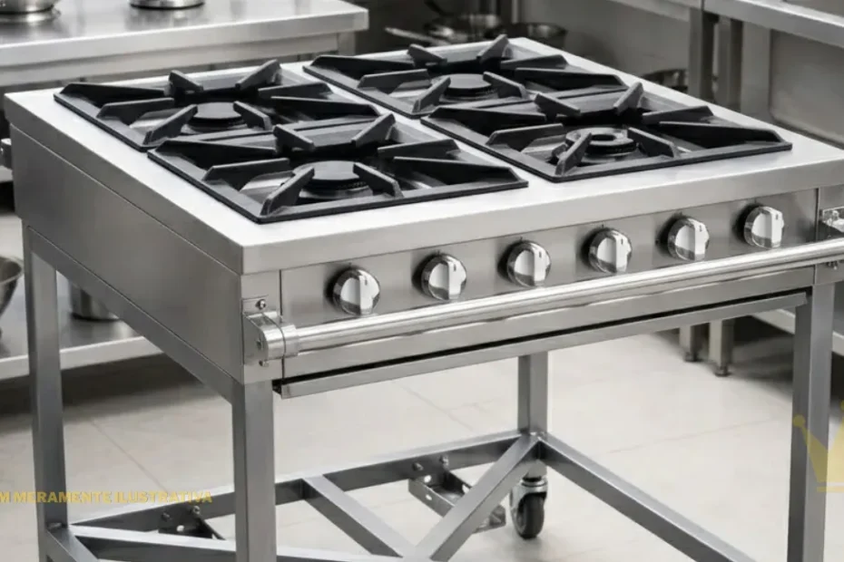 Fotografia profissional e detalhada de um fogão industrial de 4 bocas, robusto, com estrutura modular aberta e corpo em aço inoxidável escovado de alta qualidade. O fogão possui queimadores de ferro fundido de alta potência com grelhas geométricas robustas. O painel frontal apresenta oito elegantes manípulos de controle metálicos cromados com detalhes brancos. A base é uma estrutura aberta de aço tubular reforçada sobre rodízios industriais com travas. Esta peça central está em uma cozinha comercial profissional com outras bancadas de aço inoxidável e utensílios de cozinha, consolidando sua reputação como o Melhor Fogão Industrial 2026 Custo-Benefício para estabelecimentos que demandam durabilidade e potência.