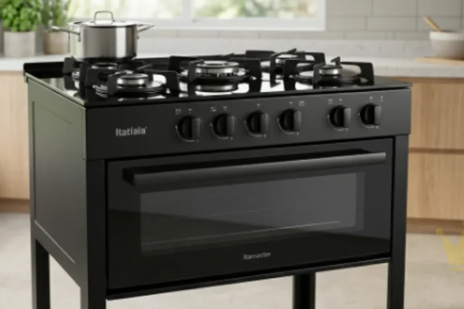 Fogão 5 bocas Itatiaia Itamaster com mesa de vidro temperado preto e acendimento automático. O modelo possui pés altos, botões removíveis na mesa e um design robusto, posicionado em uma cozinha clara e organizada.