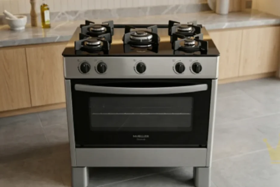 Fogão 5 bocas Mueller Decorato com corpo em aço inox escovado e mesa de vidro temperado preto. O modelo apresenta trempes individuais de ferro fundido, queimador central tripla chama e puxador do forno prateado, posicionado em uma cozinha moderna e iluminada.