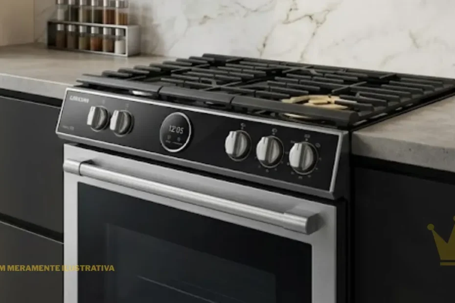 Foto de estúdio em plano frontal e detalhado do painel superior de um fogão Samsung. O eletrodoméstico possui uma mesa preta com trempes robustas de ferro fundido interconectadas e queimadores de gás, destacando-se um queimador tripla chama de latão dourado no lado direito. O painel frontal de controle é preto fosco, exibindo o logotipo da "SAMSUNG" e a inscrição "Ames 300" em letras brancas à esquerda, cinco botões giratórios cilíndricos na cor prata metálica e um visor digital redondo centralizado que marca "12:05" com os ícones das funções Air Fry e SmartThings acesos em azul e branco. Abaixo do painel, nota-se o puxador horizontal de aço inoxidável escovado da porta do forno.