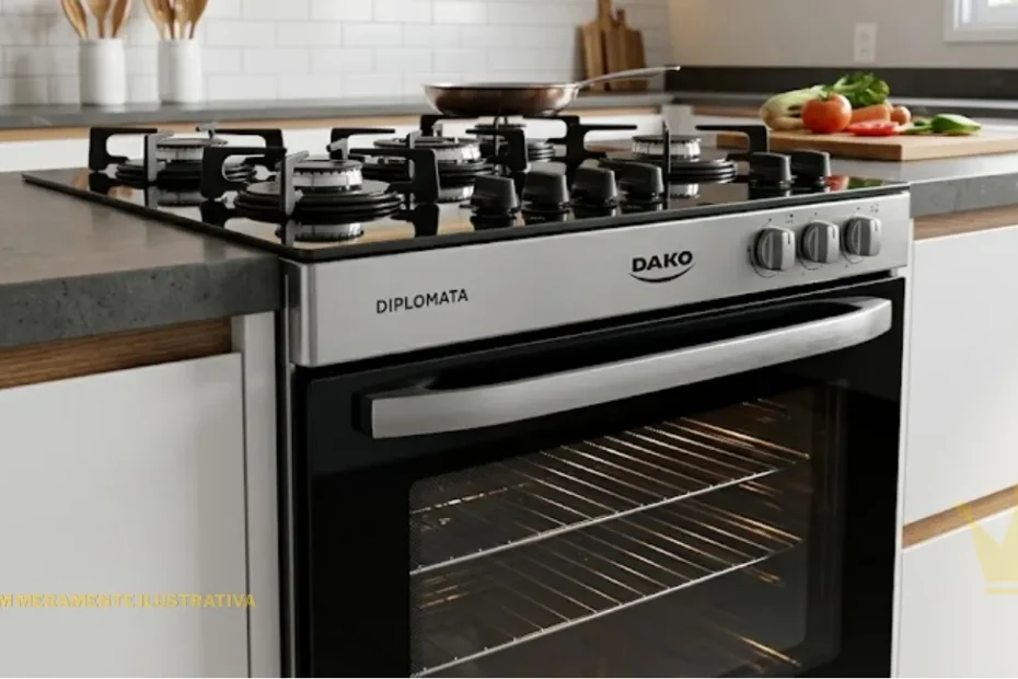 Fotografia em close-up e alta resolução do Fogão de Embutir Dako Diplomata 4 Bocas em uma cozinha moderna. A imagem destaca a mesa de vidro temperado preto com trempes de ferro fundido individuais, botões ergonômicos frontais e o acabamento sofisticado em aço inox, integrada perfeitamente a uma bancada de pedra escura.