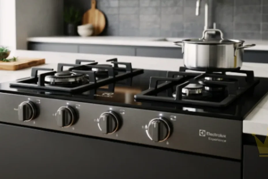 Fogão de embutir Electrolux linha Experience com 4 bocas, possui mesa de vidro temperado preto e acabamento na cor cinza. O eletrodoméstico está instalado em um nicho de armário planejado, destacando seu design moderno e o painel frontal com botões ergonômicos.