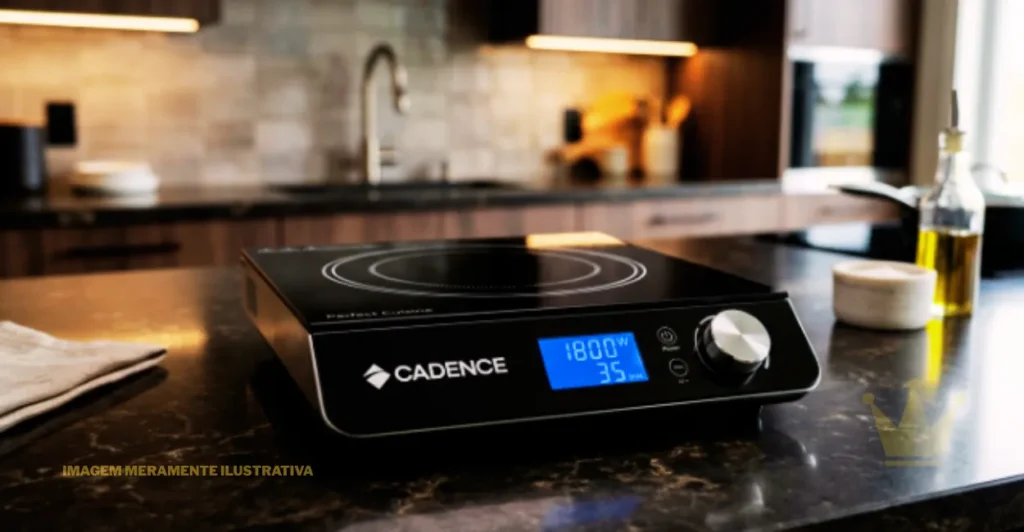 Cooktop Cadence Perfect Cuisine 1 Boca: É Bom? 1 Cooktop Cadence Perfect Cuisine 1 Boca de indução portátil, com mesa de vidro vitrocerâmico preto brilhante e painel de controle frontal com tela digital azul e botão giratório, posicionado sobre uma bancada moderna de cozinha minimalista.