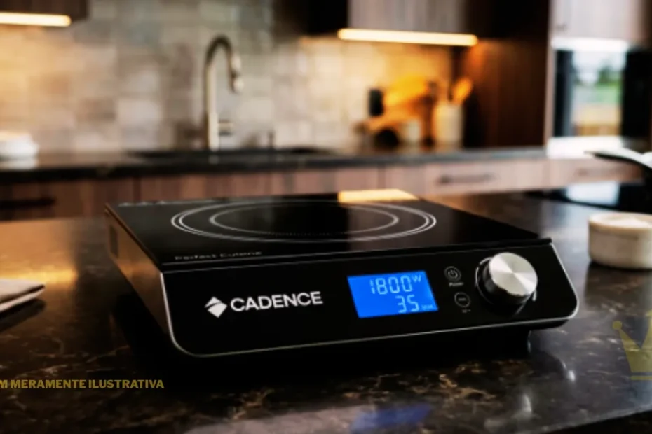 Cooktop Cadence Perfect Cuisine 1 Boca de indução portátil, com mesa de vidro vitrocerâmico preto brilhante e painel de controle frontal com tela digital azul e botão giratório, posicionado sobre uma bancada moderna de cozinha minimalista.