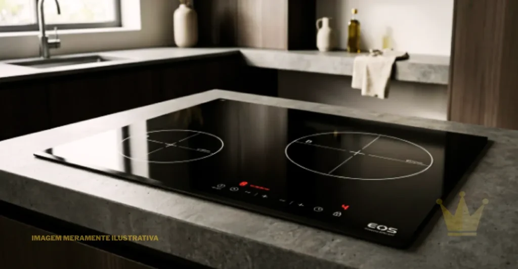 Cooktop EOS Freezone ECI02EPF 2 Bocas: É Bom? 1 Cooktop EOS Freezone ECI02EPF 2 Bocas de indução embutido, apresentando mesa de vidro vitrocerâmico preto com duas zonas de aquecimento e painel de controle por toque com luzes vermelhas, instalado em uma bancada cinza de cozinha moderna.