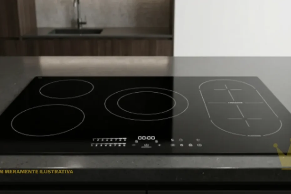 Vista superior de um Cooktop Eos Eci05epf 5 Bocas de indução instalado em uma bancada de cozinha moderna. O cooktop possui mesa de vidro preto temperado, painel de controle digital por toque na parte frontal inferior, três zonas de aquecimento circulares à esquerda e no centro, e uma área alongada Freezone integrada no lado direito, exibindo o logotipo da marca EOS no canto inferior.