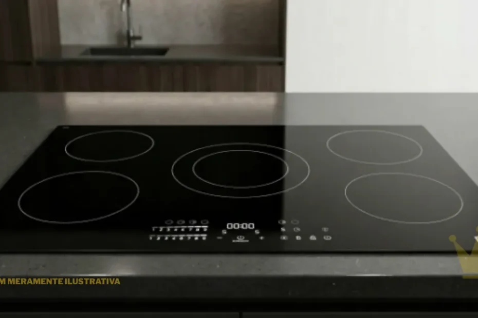 Vista de cima de um Cooktop Philco PCT05IFP 5 Bocas por indução embutido em uma bancada de cozinha moderna e clean. O eletrodoméstico apresenta mesa de vidro vitrocerâmico preto com grafismos circulares brancos indicando as cinco zonas de aquecimento, painel de controle digital touch na parte frontal e a logomarca da Philco estampada de forma discreta na superfície.