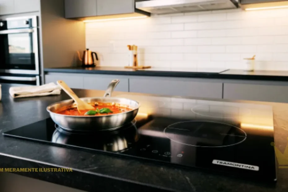 Visão superior em ângulo de um Cooktop Tramontina Square Basic 4 Bocas instalado em uma bancada preta de granito em uma cozinha moderna. O eletrodoméstico possui acabamento em vidro temperado preto brilhante, com quatro acendedores dispostos de forma simétrica e trempes individuais de aço carbono. O logotipo da marca Tramontina está estampado de forma discreta na superfície. Ao fundo, a decoração da cozinha é minimalista, com armários planejados cinza-chumbo e iluminação embutida quente, destacando o design clean e sofisticado do produto.