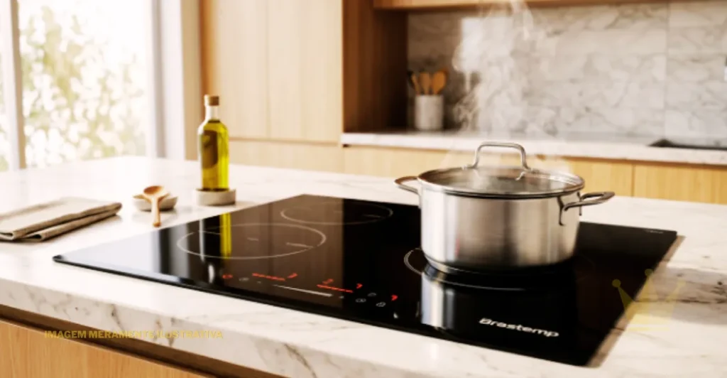 Cooktop de Indução Brastemp BDJ60BE 4 Bocas: É Bom? 1 Visão em close-up de um Cooktop de Indução Brastemp BDJ60BE 4 Bocas embutido em uma bancada de quartzo branco em uma cozinha moderna. O aparelho apresenta uma superfície plana e contínua de vidro vitrocerâmico preto, com marcações circulares brancas que delimitam as quatro zonas de cocção. Na parte inferior frontal, o painel de controle digital por toque (touch control) está discretamente iluminado, destacando o logotipo da marca Brastemp. Ao fundo, detalhes de uma cozinha minimalista e iluminada reforçam o design tecnológico e sofisticado do produto.