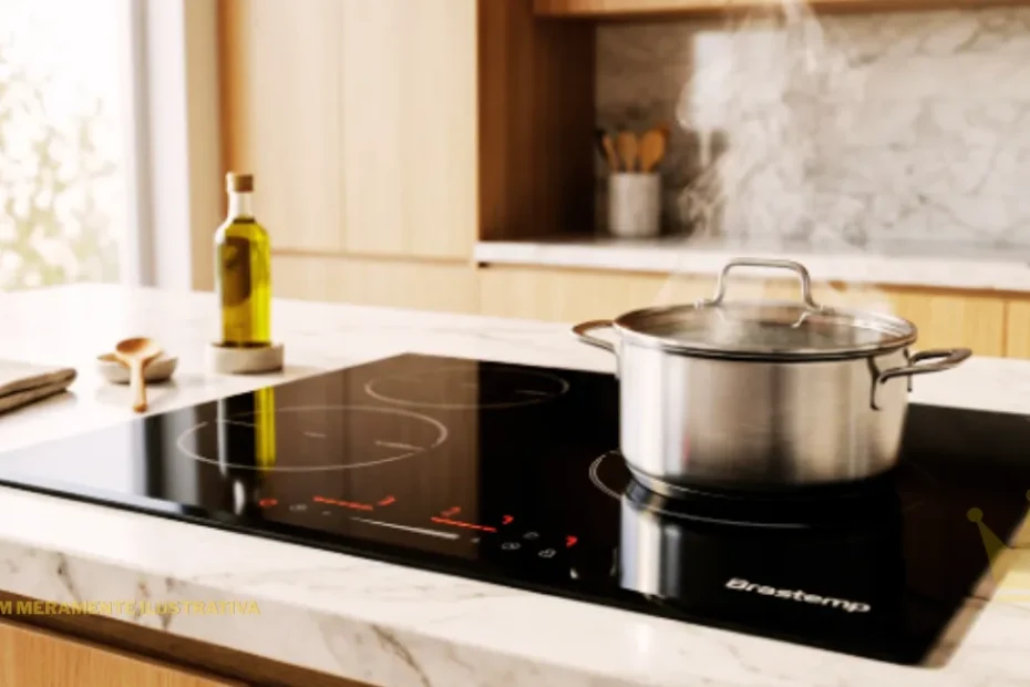 Visão em close-up de um Cooktop de Indução Brastemp BDJ60BE 4 Bocas embutido em uma bancada de quartzo branco em uma cozinha moderna. O aparelho apresenta uma superfície plana e contínua de vidro vitrocerâmico preto, com marcações circulares brancas que delimitam as quatro zonas de cocção. Na parte inferior frontal, o painel de controle digital por toque (touch control) está discretamente iluminado, destacando o logotipo da marca Brastemp. Ao fundo, detalhes de uma cozinha minimalista e iluminada reforçam o design tecnológico e sofisticado do produto.