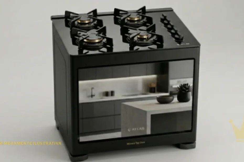 Fogão de piso preto Atlas Mônaco Top Glass 4 Bocas com mesa de vidro temperado preto, trempes individuais modernas e estrutura totalmente preta, exibido de frente sob iluminação de estúdio profissional.