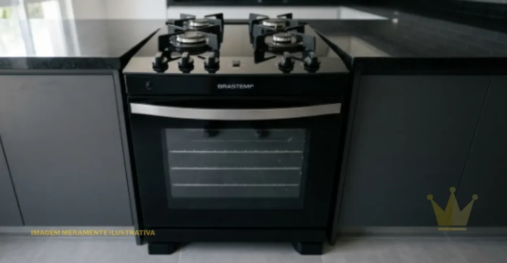 Fogão Brastemp BFO4VAE 4 Bocas Mesa de Vidro: É Bom? 1 Fogão de piso Brastemp BFO4VAE 4 Bocas com Mesa de Vidro temperado preto e forno amplo, posicionado no chão e encaixado em cozinha moderna planejada com bancadas escuras.