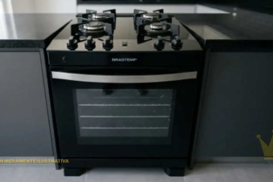 Fogão de piso Brastemp BFO4VAE 4 Bocas com Mesa de Vidro temperado preto e forno amplo, posicionado no chão e encaixado em cozinha moderna planejada com bancadas escuras.
