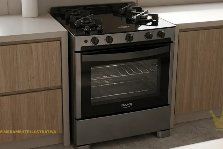 Fogão Dako Magister Style 4 bocas com mesa de vidro temperado preto brilhante instalado em uma cozinha planejada de estilo moderno. O eletrodoméstico possui acabamento frontal em inox escovado, cinco manípulos pretos alinhados horizontalmente na parte superior do painel frontal e forno com ampla porta de vidro transparente, permitindo visualizar duas grades internas cromadas. Sobre a mesa de vidro estão distribuídos quatro queimadores a gás de diferentes tamanhos, cada um equipado com trempes individuais de ferro fundido na cor preta, proporcionando maior estabilidade para panelas. O logotipo da Dako aparece centralizado na porta do forno, enquanto os pés elevados em tom metálico deixam o fogão ligeiramente suspenso do piso. O ambiente conta com armários inferiores em madeira clara com acabamento fosco, bancadas brancas em ambos os lados do fogão e piso em porcelanato cinza claro. Ao fundo, a iluminação natural proveniente de uma janela cria reflexos suaves sobre a superfície de vidro da mesa do fogão, destacando seu design sofisticado e contemporâneo. No canto inferior esquerdo da imagem está a inscrição "IMAGEM MERAMENTE ILUSTRATIVA" em amarelo, enquanto no canto inferior direito aparece uma marca d'água em formato de coroa dourada estilizada. A composição transmite uma cozinha limpa, organizada e elegante, com o fogão ocupando posição central entre os móveis planejados.