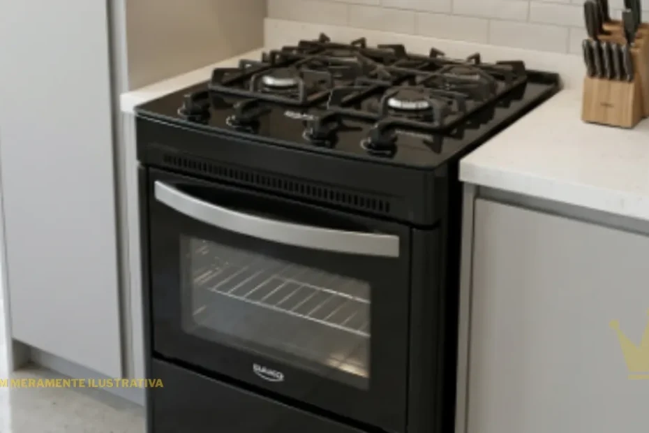 Vista de ângulo três quartos do fogão de piso Dako Supreme Black Glass de 4 bocas, com sua mesa de vidro temperado preto, trempes de ferro fundido e porta de forno com puxador de metal escovado, integrado entre armários cinzas e bancadas de quartzo em uma cozinha moderna e bem iluminada.