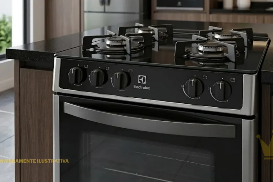 Foto em close de ângulo alto de um fogão de embutir Electrolux FE4GS 4 bocas, instalado em uma cozinha moderna. O fogão possui uma mesa de vidro preto com quatro queimadores de ferro fundido e trempes. O painel de controle frontal tem cinco botões pretos para controlar os queimadores e o forno. O forno tem uma porta de vidro escuro com um puxador de aço inoxidável. O fogão está em uma bancada de granito preto, com armários de madeira escura e uma janela com vista para um jardim no fundo.