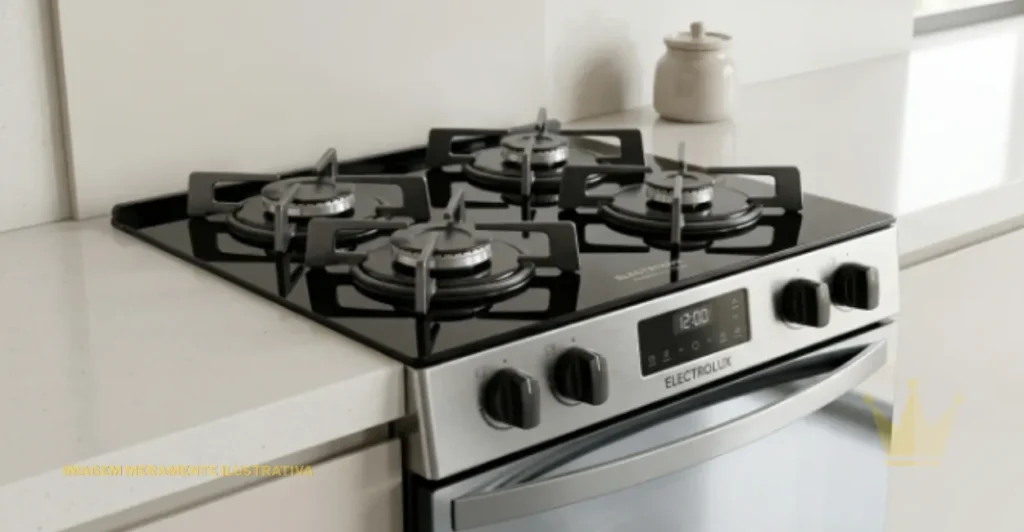 Fogão Electrolux PerfectCook Fe4d 4 Bocas Mesa de Vidro: É Bom? 1 "Fotografia em ângulo frontal do Fogão Electrolux PerfectCook FE4D 4 Bocas Mesa de Vidro preto, destacando seu design moderno com mesa de vidro temperado, trempes individuais de aço e acendimento automático, posicionado em uma cozinha limpa e minimalista."