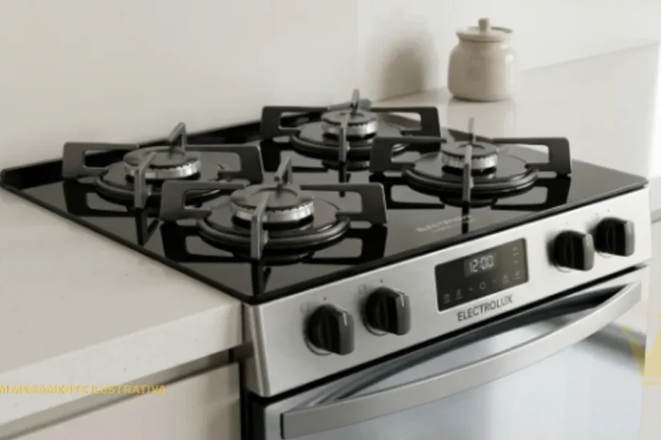 "Fotografia em ângulo frontal do Fogão Electrolux PerfectCook FE4D 4 Bocas Mesa de Vidro preto, destacando seu design moderno com mesa de vidro temperado, trempes individuais de aço e acendimento automático, posicionado em uma cozinha limpa e minimalista."