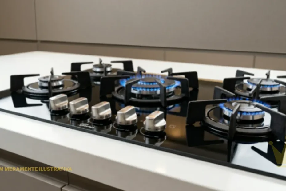 Visão superior em ângulo de um moderno Fogão de Embutir Fischer 5 Bocas com mesa de vidro temperado preto. O eletrodoméstico está embutido em uma bancada clara, exibindo suas cinco bocas com trempes de ferro fundido preto e acendimento superautomático, destacando o design clean, elegante e minimalista para cozinhas planejadas.