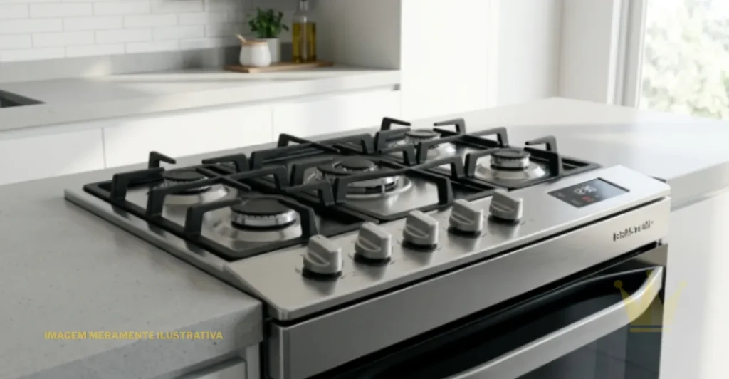 Fogão de Embutir Brastemp BYS5PCR 5 Bocas: É Bom? 1 Fogão de Embutir Brastemp BYS5PCR 5 Bocas em inox instalado em uma bancada de cozinha moderna e clean, destacando suas trempes de ferro fundido e o painel digital touch.