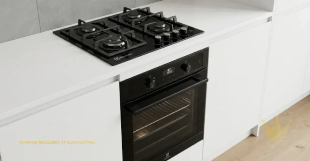 Fogão de Embutir Electrolux Experience (FE4BP) 4 Bocas: É Bom? 1 Foto em ângulo de 45 graus exibindo o conjunto completo de embutir Electrolux Experience, com o Fogão de Embutir Electrolux Experience (FE4BP) 4 Bocas com mesa de vidro temperado preto instalado na bancada clara, e o Forno Elétrico de Embutir Electrolux Experience integrado perfeitamente ao armário inferior com porta de vidro escuro e puxador preto premium, destacando o design minimalista e moderno para cozinhas planejadas.