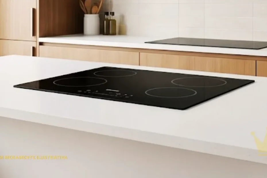 Fotografia em plano médio de uma cozinha contemporânea e iluminada com conceito de iluminação natural vinda de uma grande janela à esquerda. No centro do cenário, em destaque sobre uma bancada em ilha de quartzo branco puríssimo, está instalado um moderno cooktop de 4 bocas com mesa de vidro temperado preto totalmente lisa e brilhante, refletindo a claridade do ambiente. Ao fundo, a bancada principal da cozinha possui armários planejados em madeira de tom claro e suave, equipada com uma coifa de aço inox escovado fixada na parede de azulejos brancos horizontais. Prateleiras suspensas de madeira exibem potes de vidro com grãos organizados e utensílios cerâmicos. À direita da bancada, pequenos vasos com ervas aromáticas frescas e verdes, como manjericão, adicionam um toque orgânico e minimalista à decoração sofisticada.