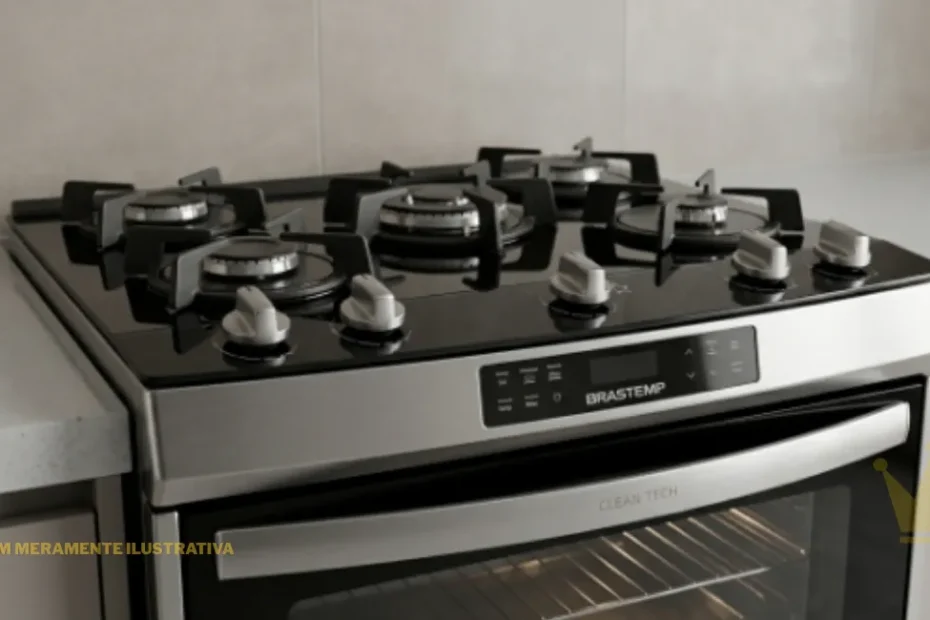 Foto em ângulo diagonal de um Fogão Brastemp Mesa de Vidro 5 Bocas na cor preta, instalado em uma bancada cinza de cozinha moderna, destacando as trempes individuais de ferro fundido e o acabamento minimalista da mesa de vidro temperado sob iluminação clara de estúdio.
