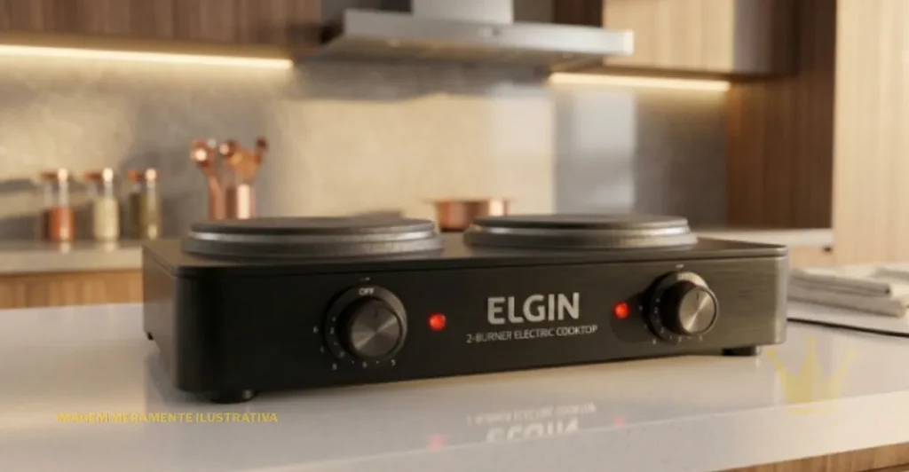 Fogão Cooktop Elétrico Elgin 2 Bocas: É Bom? 1 Fogão Cooktop Elétrico Elgin 2 Bocas com acabamento preto moderno e queimadores elétricos potentes apoiado sobre uma bancada de cozinha limpa.