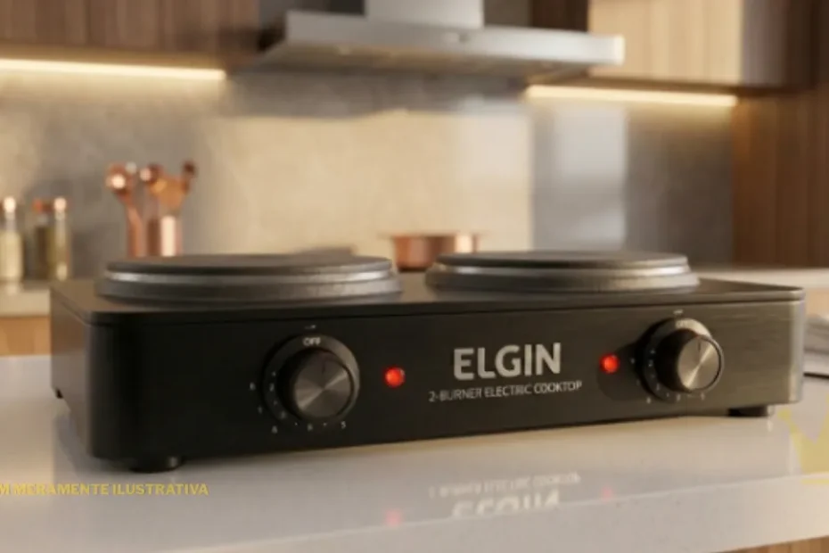 Fogão Cooktop Elétrico Elgin 2 Bocas com acabamento preto moderno e queimadores elétricos potentes apoiado sobre uma bancada de cozinha limpa.