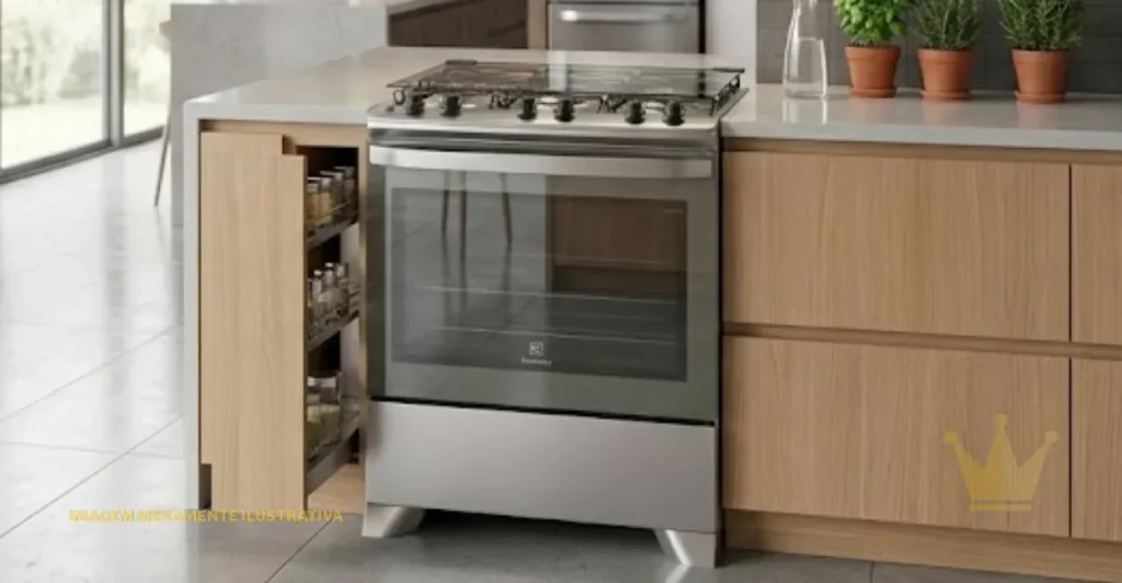 Fogão Electrolux Efficient PerfectCook 5 Bocas: É Bom? 1 Fotografia fotorrealista de uma cozinha moderna em conceito aberto e iluminada por grandes janelas do chão ao teto que mostram um jardim verdejante ao fundo. À esquerda, há uma mesa de jantar de madeira clara com seis cadeiras de estilo mid-century modern. No centro, uma ilha com bancada de quartzo branco abriga um fogão de aço inoxidável de 5 bocas com porta de vidro, posicionado sob uma coifa de inox iluminada. À esquerda do fogão, um armário embutido está semiaberto, revelando um porta-temperos aramado. A base da bancada e os armários inferiores são de madeira de carvalho claro sem puxadores, enquanto a bancada da direita exibe potes de cerâmica, temperos frescos em vasos de terracota e galheteiros contra um backsplash de azulejos cinza escuro. O piso é de concreto polido cinza claro e o ambiente combina eletrodomésticos de inox com armários superiores brancos minimalistas.