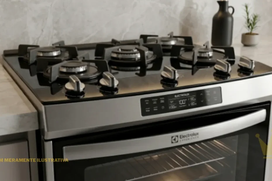 Fogão Electrolux Experience 5 Bocas preto de embutir com mesa de vidro temperado preta brilhante, grades individuais de ferro fundido escuro e painel digital frontal. O eletrodoméstico está instalado em uma bancada de granito cinza em uma cozinha moderna e bem iluminada.