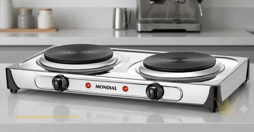 Fogão Elétrico Mondial Fast Cook Dual 2 Bocas: É Bom? 1 Uma fotografia de produto nítida e detalhada, no tamanho 1250x650 pixels, de um fogão elétrico de bancada Mondial de duas bocas, com corpo em aço inoxidável polido, posicionado sobre uma bancada de quartzo cinza claro em uma cozinha moderna. O aparelho possui dois discos de aquecimento pretos e texturizados, cada um emoldurado por uma borda prateada lisa. No painel frontal central, o logotipo 'MONDIAL' em preto está impresso de forma clara e legível. À esquerda e à direita do logotipo, há dois botões de controle de temperatura pretos e nítidos, cada um com números de '0' a '5' impressos. Duas luzes indicadoras vermelhas acesas estão posicionadas logo acima e entre os botões. O aparelho é apoiado sobre pés de borracha pretos integrados. O fundo está desfocado (bokeh), revelando formas indistintas de utensílios de cozinha modernos de aço escovado e cerâmica. A iluminação é de estúdio, suave e uniforme, sem sombras agressivas, garantindo a legibilidade clara de toda a marca e detalhes.