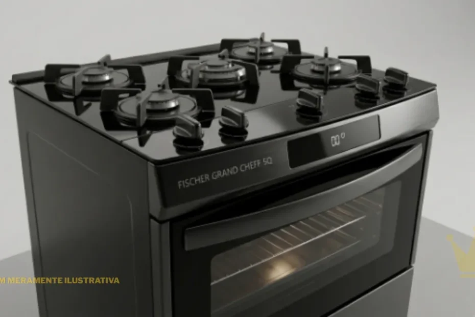 Fogão de piso Fischer Grand Cheff 5Q de 5 bocas com mesa de vidro temperado preto, trempes individuais de ferro fundido, acendimento automático e design moderno, visto de frente em um fundo estúdio neutro.
